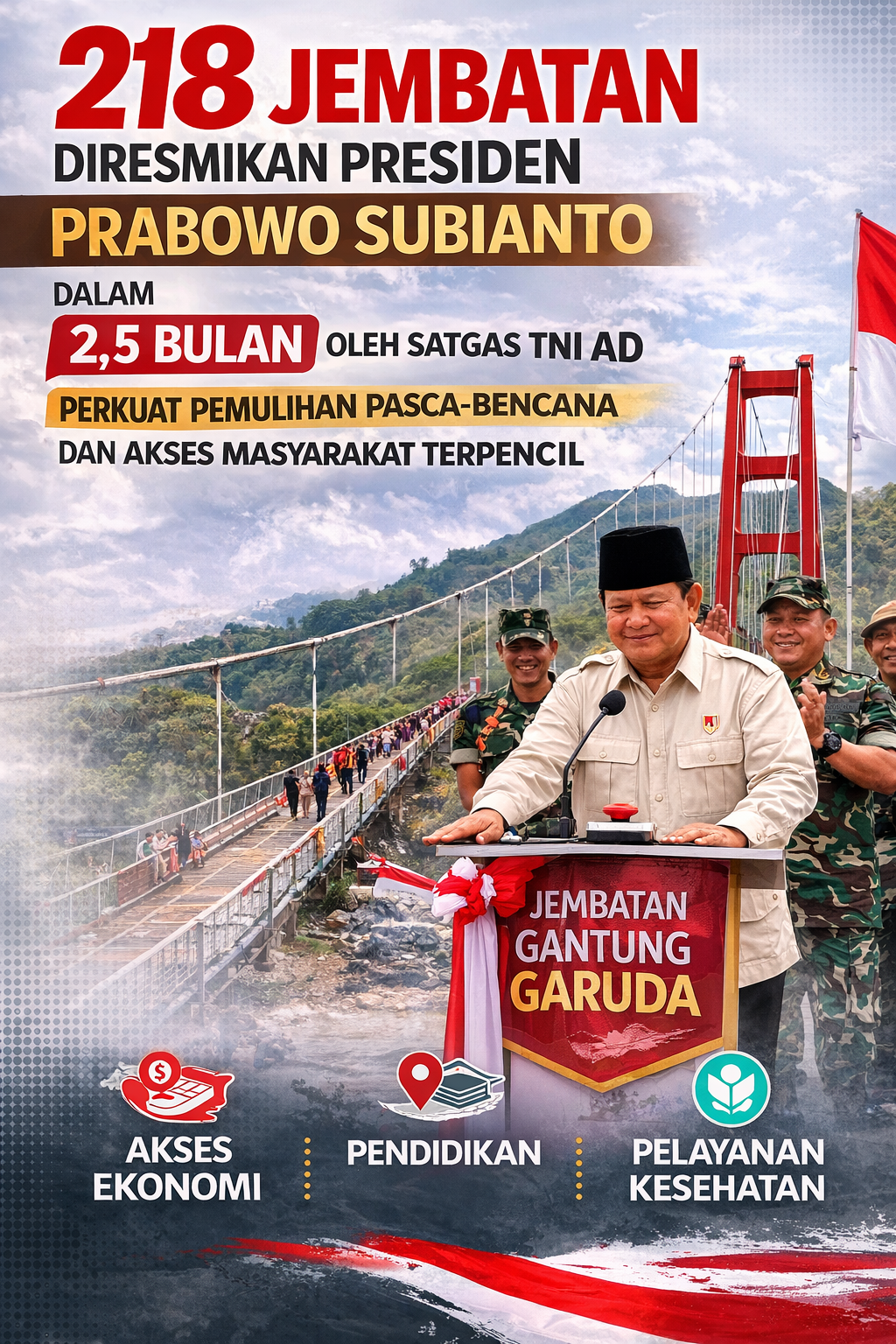 Presiden Prabowo Resmikan 218 Jembatan dalam 2,5 Bulan, Satgas TNI AD Perkuat Pemulihan Pasca-Bencana dan Akses Daerah Terpencil