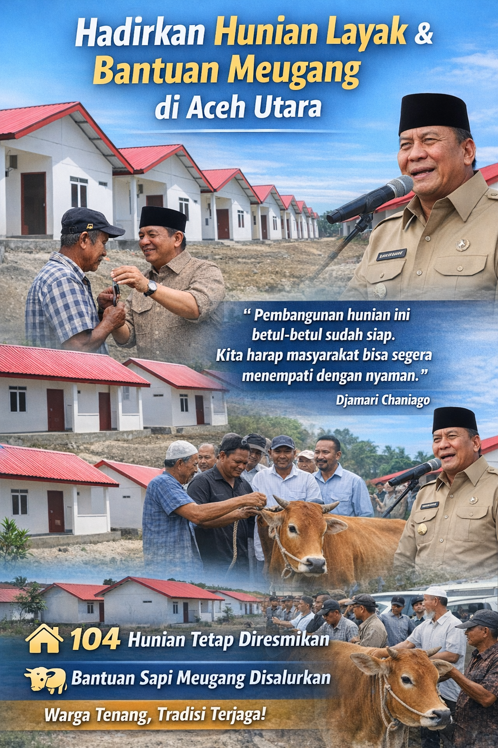 Pemerintah Resmikan 104 Hunian Tetap dan Salurkan Bantuan Sapi Meugang untuk Warga Aceh Utara