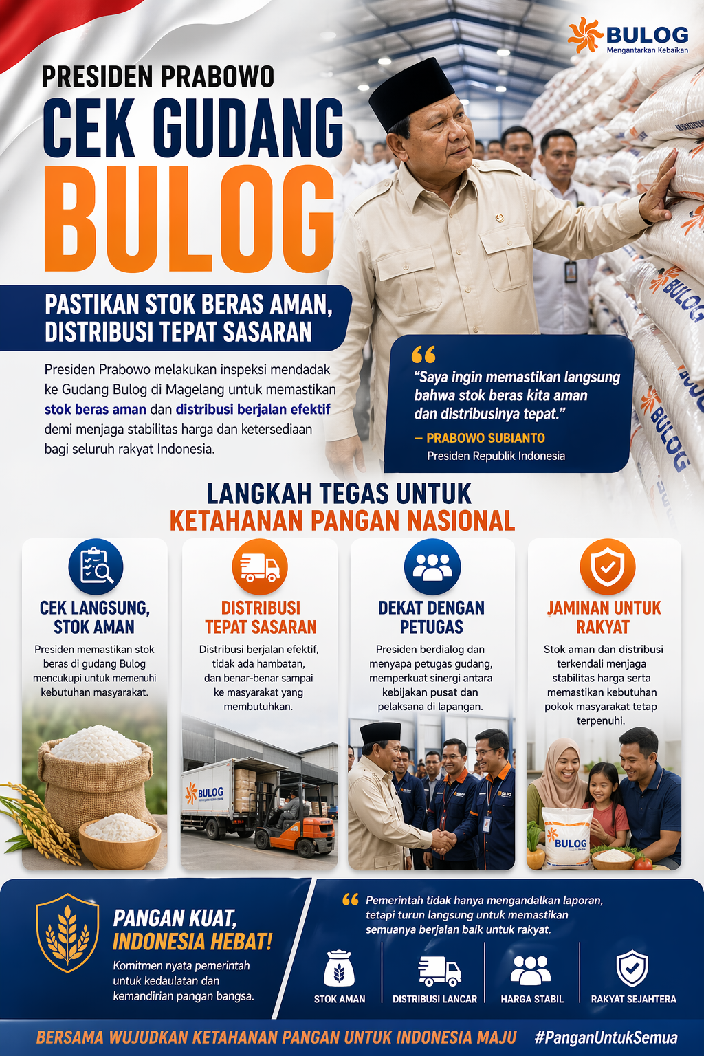 Presiden Prabowo Subianto Sidak Gudang Perum Bulog di Magelang, Pastikan Stok Beras Aman dan Distribusi Tepat