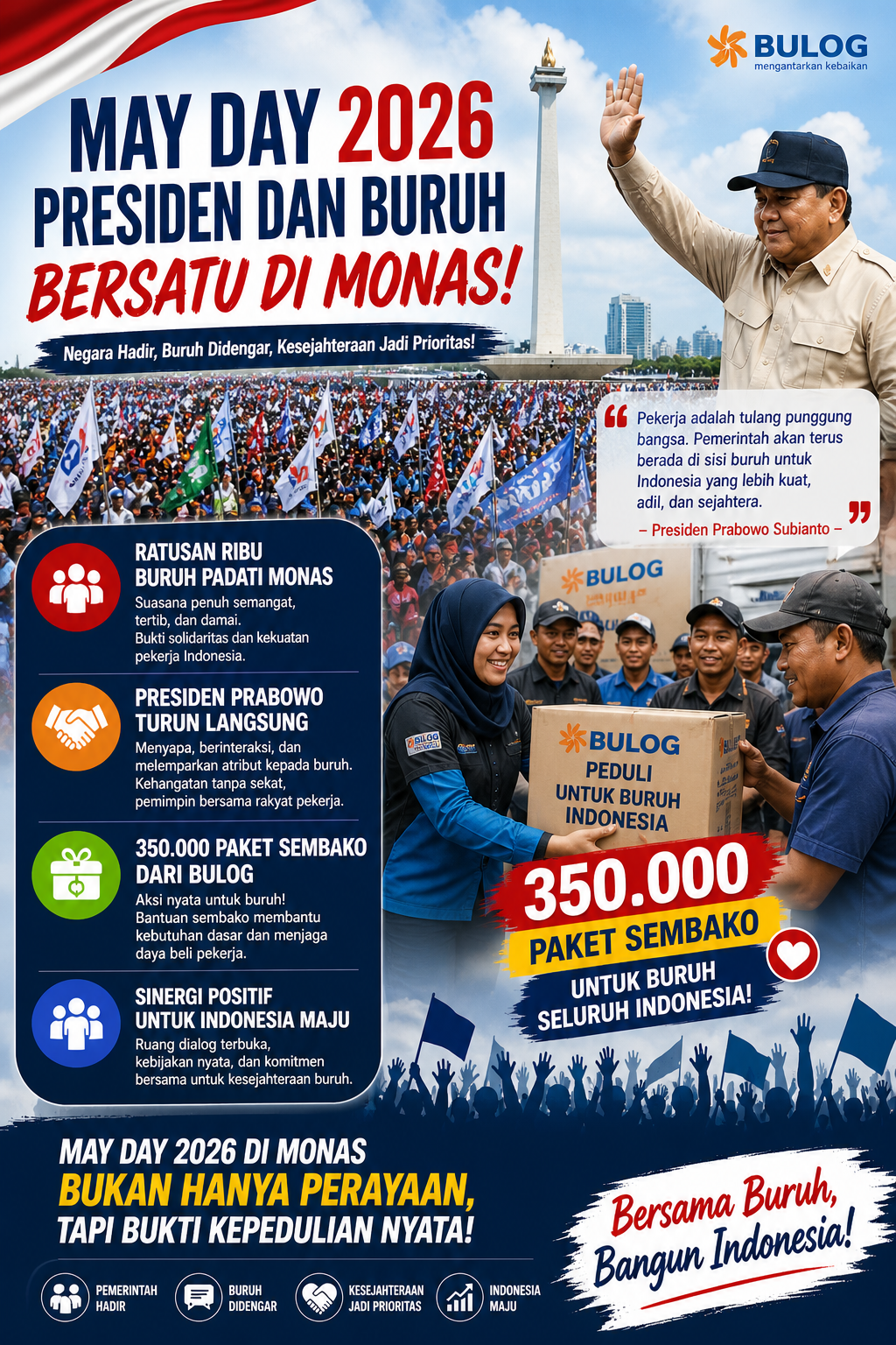 May Day 2026 di Monas Presiden dan Buruh Bersatu Perkuat Kesejahteraan Lewat Aksi Nyata