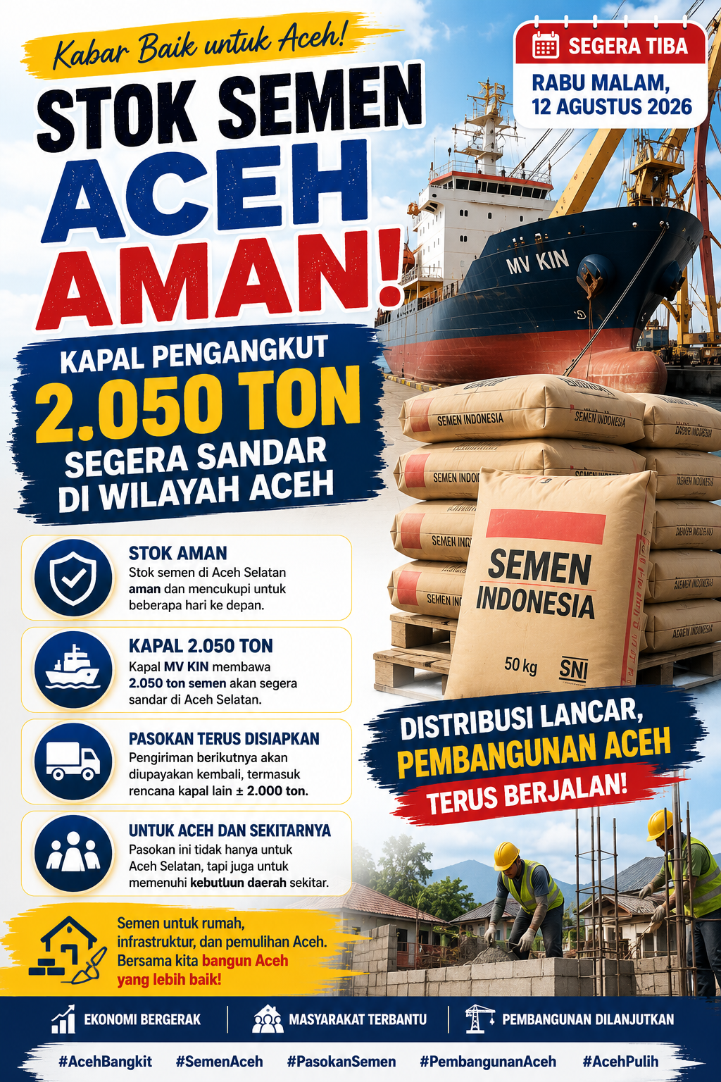 Stok Semen Aceh Mulai Aman, Kapal 2.050 Ton Segera Sandar