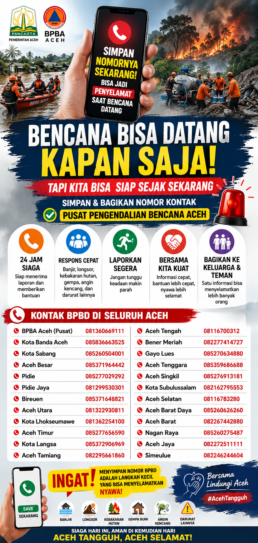 Simpan Nomor BPBA dan BPBD Aceh, Langkah Sederhana yang Bisa Mempercepat Bantuan Saat Bencana