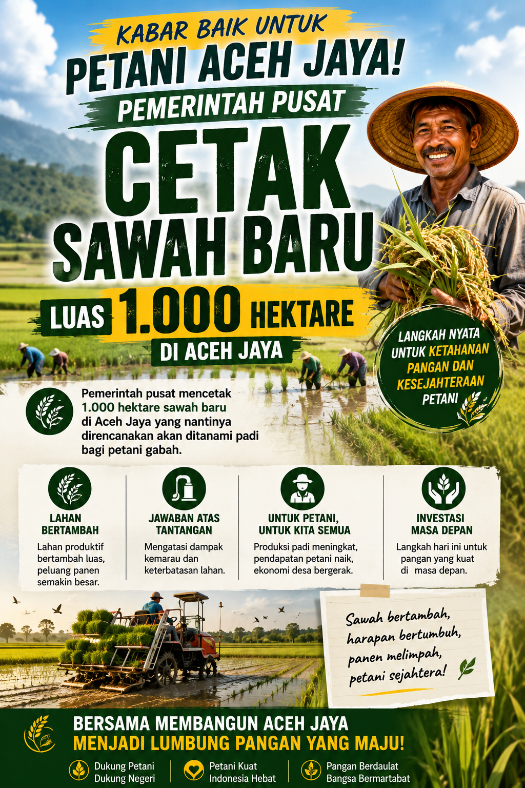 Pemerintah Pusat Cetak 1.000 Hektare Sawah Baru di Aceh Jaya, Harapan Baru untuk Petani dan Ketahanan Pangan
